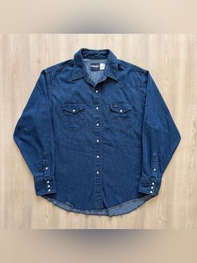 Vintage Wrangler Denim Pearl Snap Western Shirt Sz XL Heavyweight